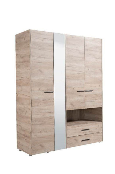 Limone Grey Oak Four-Door Wardrobe with Integrated Mirror and Two Drawers - UK Luxury Furniture